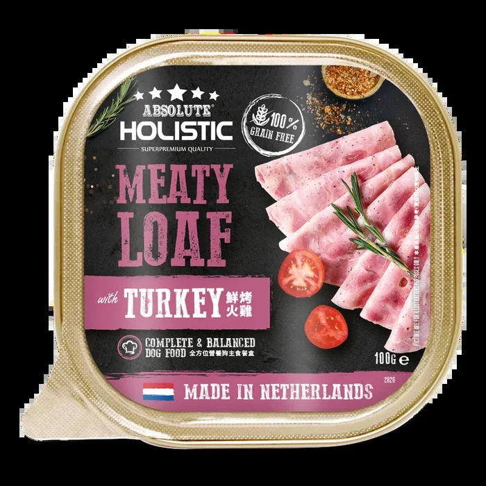 [1ctn=16pcs] Absolute Holistic Complete & Balanced Meaty Loaf Wet Tray Food for Dog – Turkey (100g)