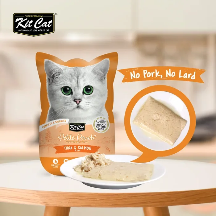 [1ctn=24pcs] Kit Cat Petite Pouch Complete & Balanced Wet Cat Food – Tuna & Salmon in Aspic (70g x 24)
