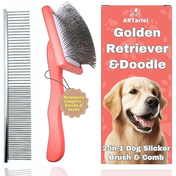 2-in-1 Dog Slicker Brush & Comb for Golden Retriever & Doodle – Easy Detangling & Deshedding, Tailored for Matted Coats of Long Curly Haired Doodle Mixes – Effortless Tangle-Free Grooming