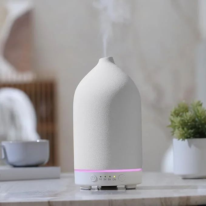 200ML Ceramic Essential Oil Diffuser – Ultrasonic Aromatherapy & Humidifier with 7-Color LED Lights, Auto Shut-Off, White, 1H/3H/6H Timer | Scent for Home,Office,Yoga