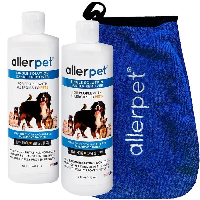 Allerpet Single Solution 16 Fl Oz Bottle Dander Remover For Pets (2 Pack) – Relieves Allergies – Bonus Mitt To Easily Apply Solution To Your Pet