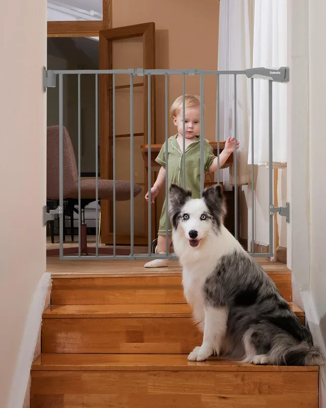 Babelio 26-43′ No Bottom Bar Baby Gate For Babies, Elders And Pets, 2-In-1 Hardware Mount Dog Gate For The House, Stairs And Doorways, With Large Walk Thru Door, Grey