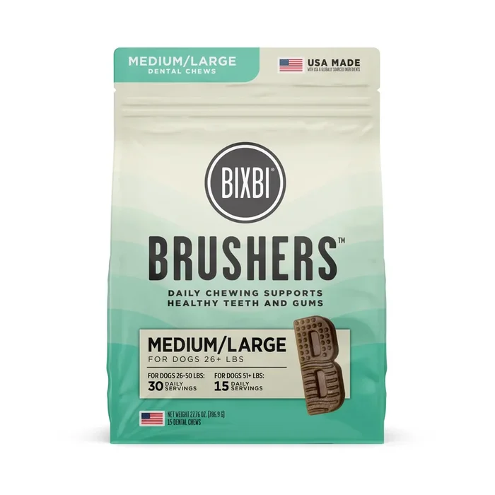 Bixbi Natural Brushers Dental Dog Chews – Medium/Large – 27.7 Oz – 15 Count