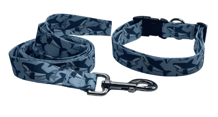 Blue Sharks Dog Collars & Leads (1″ Wide)