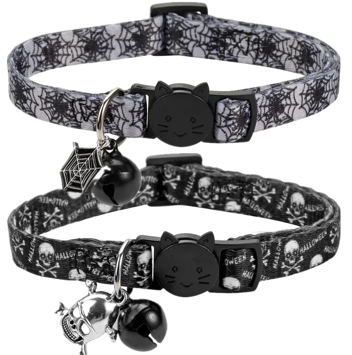 Boombone Cat Collar Halloween Set Of 2, Skull Cat Collar For Small Dogs, Holiday Kitten Collar With Bell