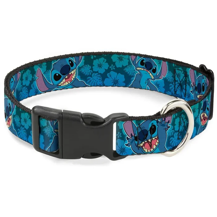 Buckle-Down Plastic Clip Collar – Stitch Expressions/Hibiscus Collage Green-Blue Fade – 1′ Wide – Fits 11-17′ Neck – Medium