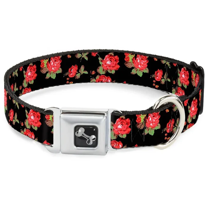 Buckle-Down Seatbelt Buckle Dog Collar – Red Roses Scattered Black – 1′ Wide – Fits 15-26′ Neck – Large