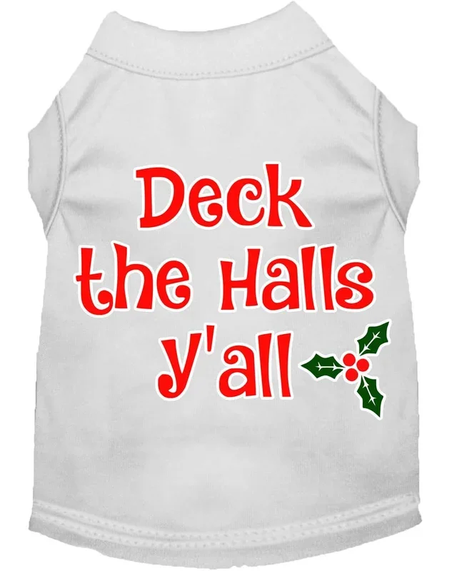 Christmas Pet Dog & Cat Shirt Screen Printed, “Deck The Halls, Y’all” White 3XL (25-35 lbs.)