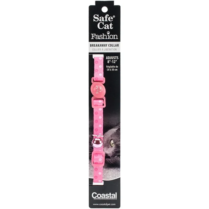 Coastal Safe Cat Adjustable Brakeaway Cat Collar – Pink Dots – L:8-12 X W:3/8 Inch