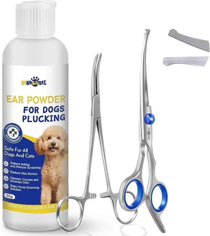 Dog Ear Hair Removal Kit – Ear Powder,Blunt Tip Grooming Scissors&Tweezers Set – Safe Hair Plucking Tool for Dogs,Ear Cleaner for Itching,Infection Treatment for Poodles, Doodles