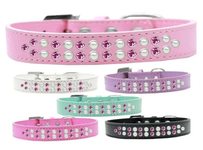 Dog, Puppy & Pet Fashion Collar, Two Row Pearl and Pink Crystal Rimsets Light Pink 18