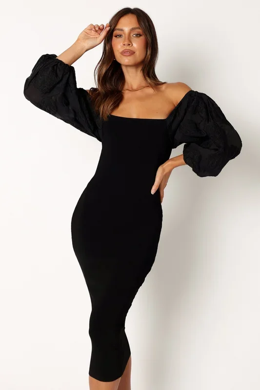 Dolly Puff Sleeve Midi Dress – Black