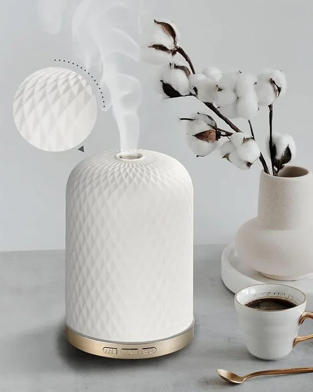 Essential Oil Diffuser,120ML 2.4MHz Ultrasonic Aromatherapy Diffusers for Essential Oils Large Room, Ceramic Diffusers Decorative Aroma Diffuser, Ideal Air Diffusers for Home, Room Decor, Yoga, White
