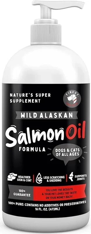 Finest For Pets Wild Alaskan Salmon Oil for Dogs & Cats – Omega 3 Fish Oil with Pollock & Salmon for Sensitive Skin & Coat Health. EPA & DHA Ease Itching, Supports Joint, Immune & Heart Health (16oz)