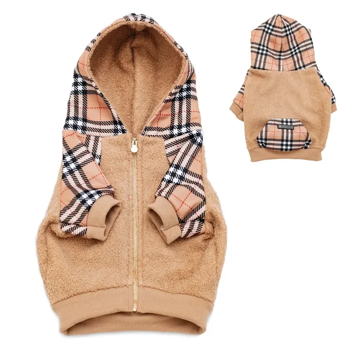 Frenchie Dog Hoodie – Tan Tartan