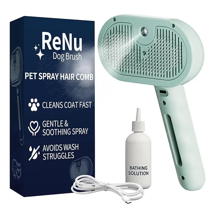 Fresh Fur Shower Brush for Dogs, 3 In 1 Self Cleaning Steamy Pet Brush, Pets Spray Hair Removal Comb – Anti-Static, Dog Grooming Tool With Steam | Skin-Friendly Design (Green)
