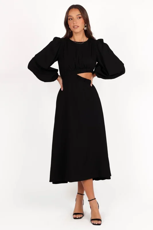 Ginnee Puff Sleeve Cutout Midi Dress – Black