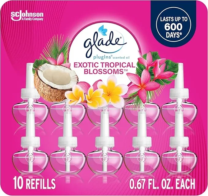 Glade PlugIns Refills Air Freshener, Scented and Essential Oils for Home and Bathroom, Exotic Tropical Blossoms, 6.7 Fl Oz, 10 Count (Packaging May Vary)