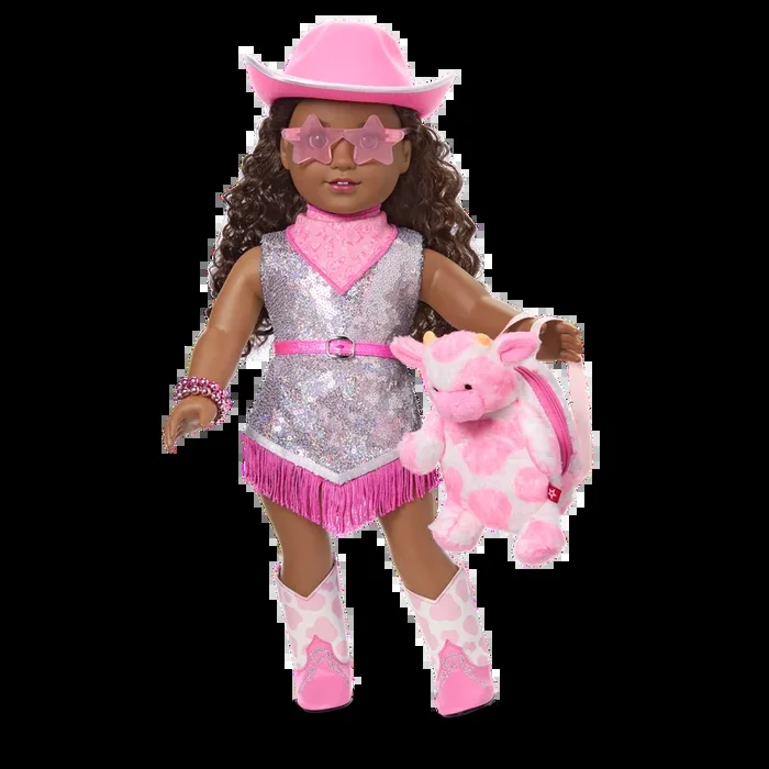 Glam Pink Cowgirl Outfit & Pink Spotted Cow Backpack & Accessory Set Bundle