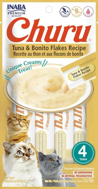 Inaba Churu Tuna and Bonito Flakes Lickable and Squeezable Puree Cat Treat Pouches – 2 Oz (4 Pack) – Case of 6