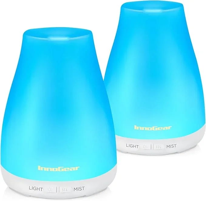 InnoGear Essential Oil Diffuser, 2 Pack Premium 5-in-1 Aromatherapy Humidifiers Aroma Scent Air Defuser for Home Large Room Bedroom Desk Office 7 Color LED 2 Mist Mode Waterless Auto Off, Basic White