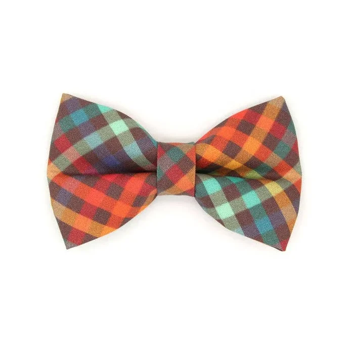 Made By Cleo – “Campfire” – Rainbow Plaid Bow Tie for Cat + Small Dog