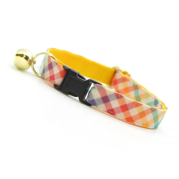 Made By Cleo – “Golden Hour” – Rainbow Plaid Cat Collar Adult Cat (8-13)