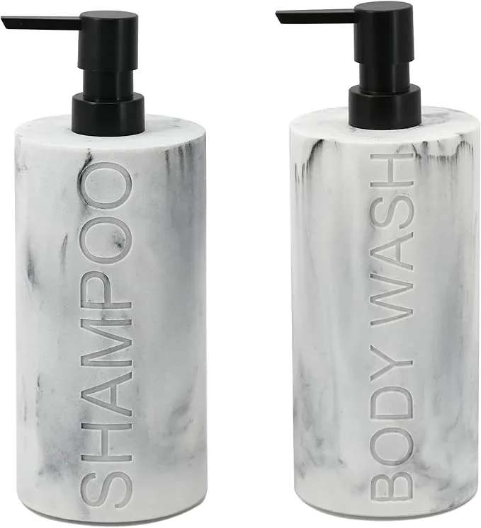 Marble Resin 2 Piece Shampoo and Body Wash Dispenser Set, Luxurious Refillable Pump Bottles with Matte Pump Top and Embossed Text, Durable Design for Bathroom and Shower