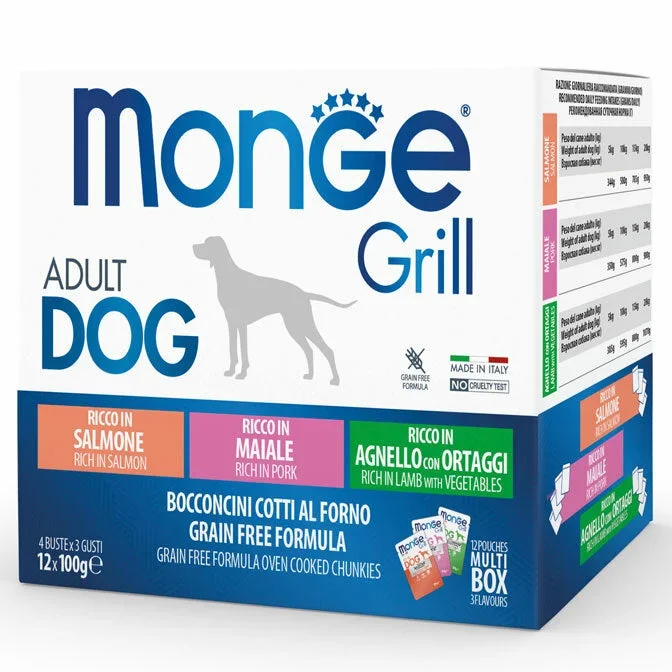 Monge Grill losos/svinja/jagnje sosići za pse 12x100g