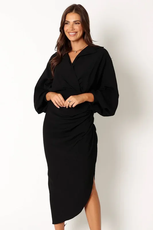 Paxton Long Sleeve Midi Dress – Black