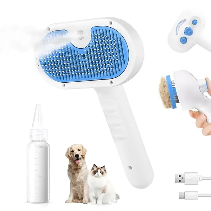 Pet Steam Brush for Dog & Cat – 3-in-1 Steam Grooming Brush for Shedding & Hair Removal – Self Cleaning Spray Comb with Mist for Long Haired Pets, Blue