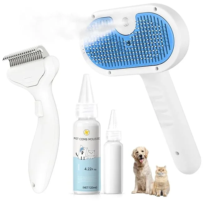 Pet Steam Brush for Dog & Cat – 3-in-1 Steam Grooming Slicker Brush & Undercoat Rake for Shedding – Self Cleaning Spray Comb with Mist for Long & Short Haired Pets – Includes Waterless Shampoo, Blue