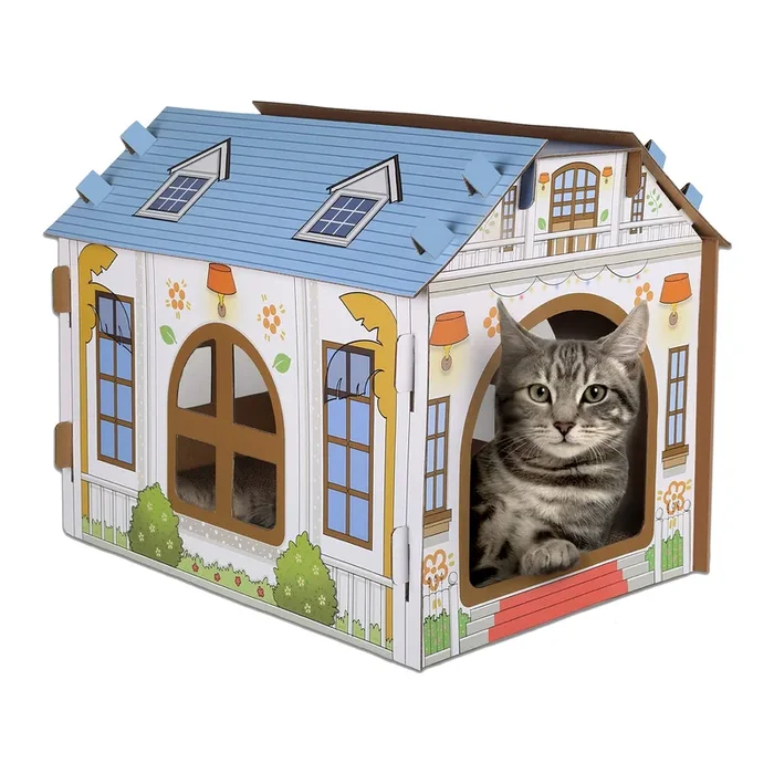 Sekam Cardboard Cat House With Scratcher/Catnip, (16.5”L X 12”W X 13”H) Cat Play House For Indoor Cats, Cat Scratching Toy, Cat Hideaway Furniture For Cat Birthday, Hideout For Bunny Small Animals