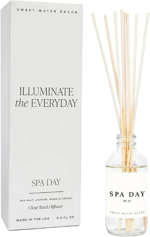 Sweet Water Decor Spa Day Reed Diffuser Set – Sea Salt, Jasmine, Wood, and Cream Scented Diffuser – Relaxing Spa Scent Diffusers for Home, Long Lasting Fragrance, Made in The USA