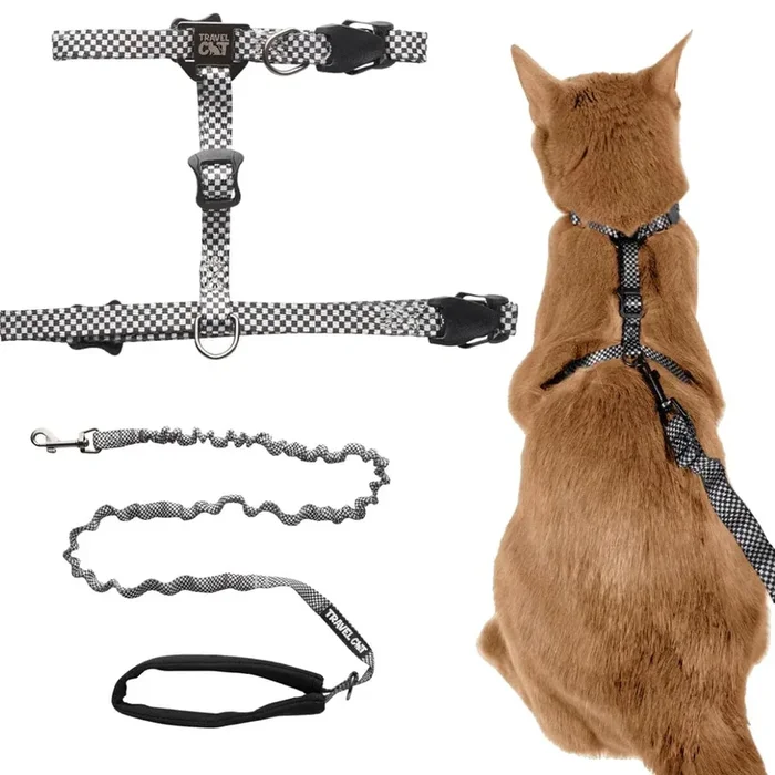 The Day Tripper – Perfect Adjustable H-Style Cat Harness & Bungee Leash Set in Checkered