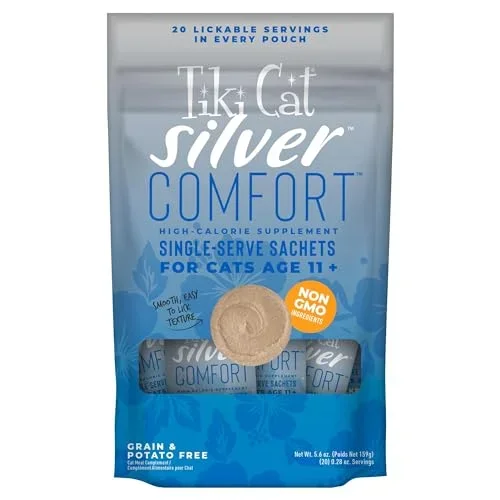 Tiki Cat Silver Comfort Grain-Free Chicken and Chicken Liver Single Serve Mousse Senior Adult Lickable Cat Treats – .28 Oz – 20 Pack – Case of 8