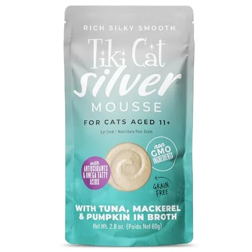 Tiki Cat Silver Mousse Grain-Free Tuna Mackerel and Pumpkin in Broth Senior Adult Wet Cat Food Pouch – 2.8 Oz – Case of 12