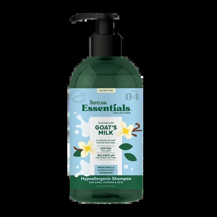 TropiClean Essentials Hypoallergenic Shampoo Goat’s Milk – Warm Vanilla & Goat’s Milk for Dogs, Puppies & Cats 16oz