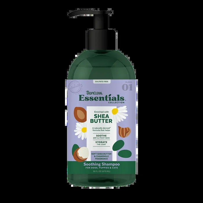 TropiClean Essentials Soothing Shampoo Shea Butter – Soft Shea Butter & Chamomile for Dogs, Puppies & Cats 16oz