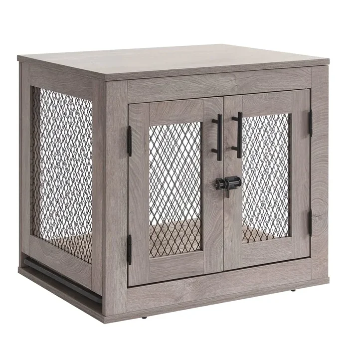 Unipaws Furniture Style Dog Crate With Cushion And Tray, Mesh Dog Kennels With Double Doors, End Table Dog House, Medium And Large Crate Indoor Use (Small, Grey)