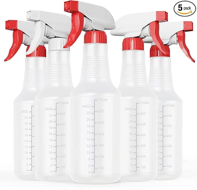 Veco Spray Bottle (5 Pack,32 Oz) with Measurements and Adjustable Nozzle(Mist & Stream Mode), HDPE Plastic Spray Bottles for Cleaning Solution, Household/Commercial/Industrial Use, No Leak and Clog