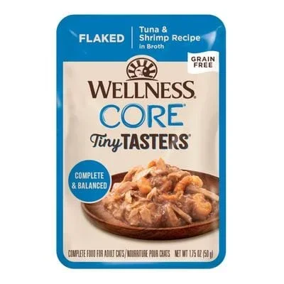 Wellness Core Tiny Tasters Grain-Free Flaked Tuna and Shrimp in Broth Wet Cat Food Pouch – 1.75 Oz – Case of 12