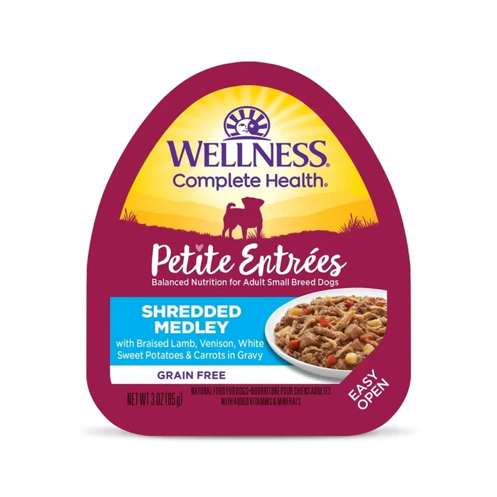 Wellness Petite Entrees Mini-Filets Shredded Medley With Braised Lamb, Venison, White Sweet Potatoes & Carrots in Gravy Wet Dog Food