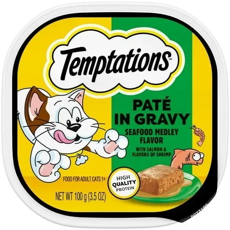 Whiskas Temptations Pate in Gravy Seafood Medley Pate with Shrimp and Salmon Adult Wet Cat Food Tray – 3.5 Oz – Case of 24
