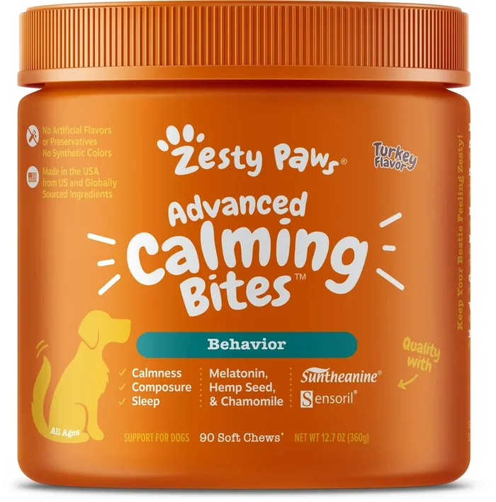 Zesty Paws Advanced Calming Bites Behavior Turkey Flavor with Melatonin Soft Chew Dog Supplements – 90 Count