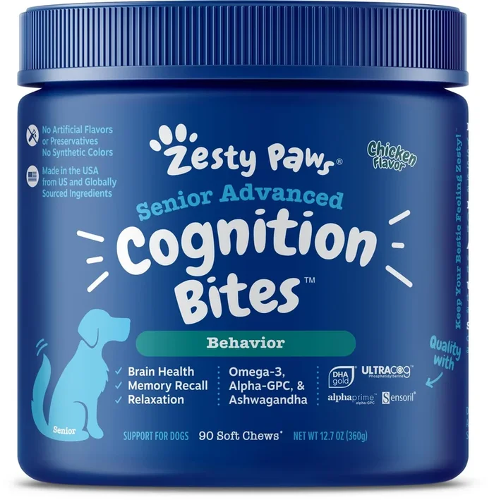 Zesty Paws Senior Advanced Cognition Bites Chicken Flavor Soft Chew Dog Supplements – 90 Count