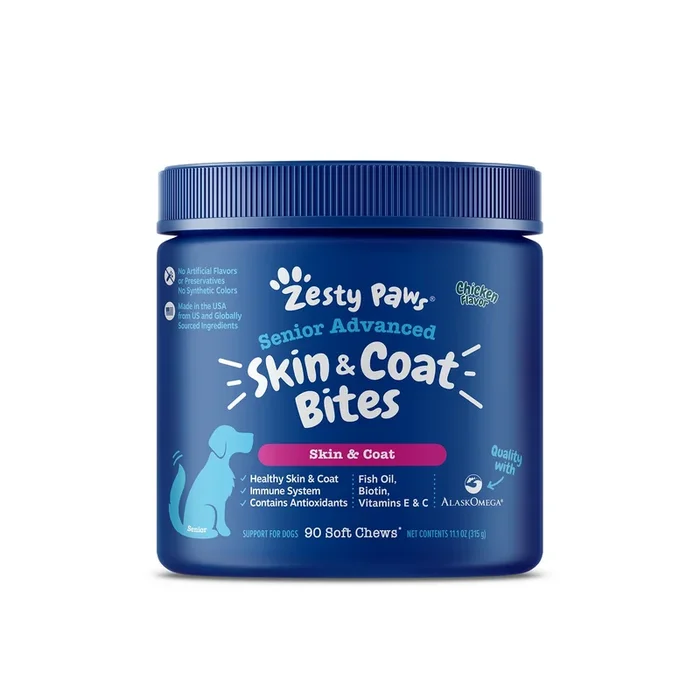 Zesty Paws Senior Advanced Skin & Coat Bites Dog Supplement – Chicken 90s