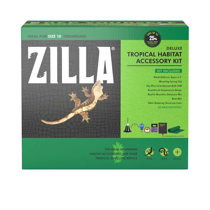 Zilla Deluxe Tropical Habitat Reptile Terrarium Accessory Starter Kit with Lights Food and Bedding – Ideal for 10 Gallon Terrariums