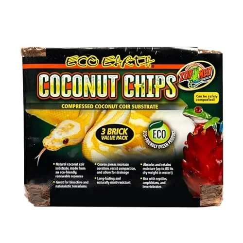 Zoo Med Laboratories Eco Earth Compressed Coconut Chips Snake Substrate Reptile Bedding – 500 Grams – 3 Pack